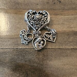 Silver Tone Heart Charm Brooch with Dangle Charms